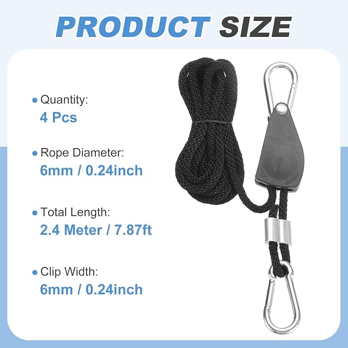 uxcell 4 Pairs 1/4" Adjustable Rope Hanger, 7.87ft(2.4 Meter) Heavy Duty Ratchet Tie Down Strap with Rope Clip Hanger for Hanging Plants, Grow Light and Various Tie-Down Uses, Black