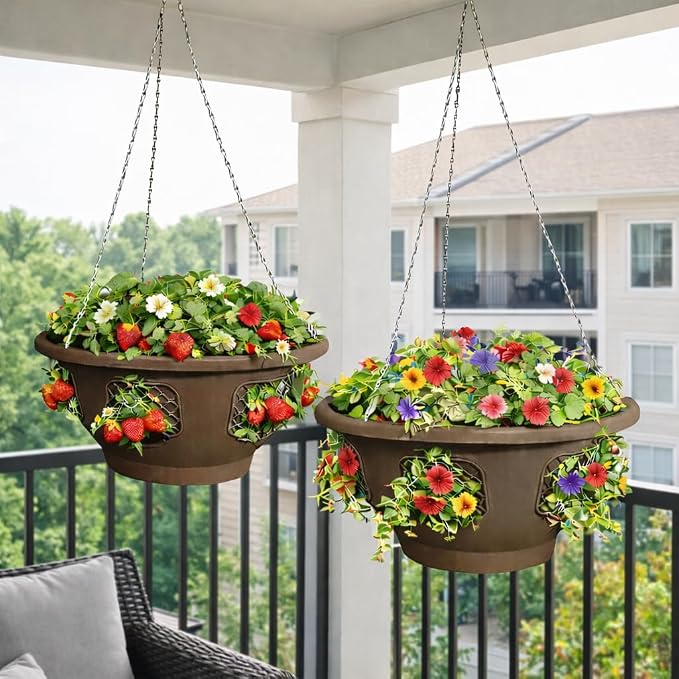 Hanging Planter Basket 20 Pack Bulk, Easy Fill Strawberry Planter, Outdoor Hanging Basket with Side Planting Panels, Durable UV Resistant Planters, Made in USA (20, Mocha)