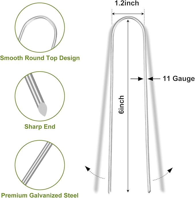 Whonline 200 Pack Landscape Staples 6 Inch, Galvanized Round-Top Garden Stakes Tent Stakes Heavy Duty 11 Gauge U Pins Ground Lawn Staples for Weed Barrier Fabric, Fence, Irrigation Soaker Drip Hose