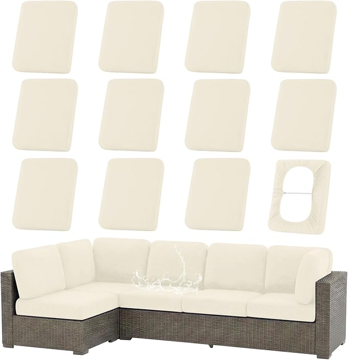 hyha Waterproof Outdoor Cushion Covers for Patio Furniture, Stretch Patio Chair Cushion Slipcovers, Coated UV Resistant Replacement Seat Covers, Solid Color (Beige, 12PC)
