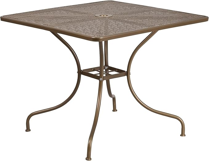 Flash Furniture Oia Commercial Grade 35.5" Square Gold Indoor-Outdoor Steel Patio Table with Umbrella Hole