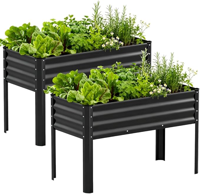 COMHOMA 2 Pack Raised Garden Bed with Legs 4x2x2.5ft,Large Elevated Galvanized Metal Planter Box with Drainage Holes,Outdoor Growing Kit with Gloves Tools for Backyard Patio Lawn,Black