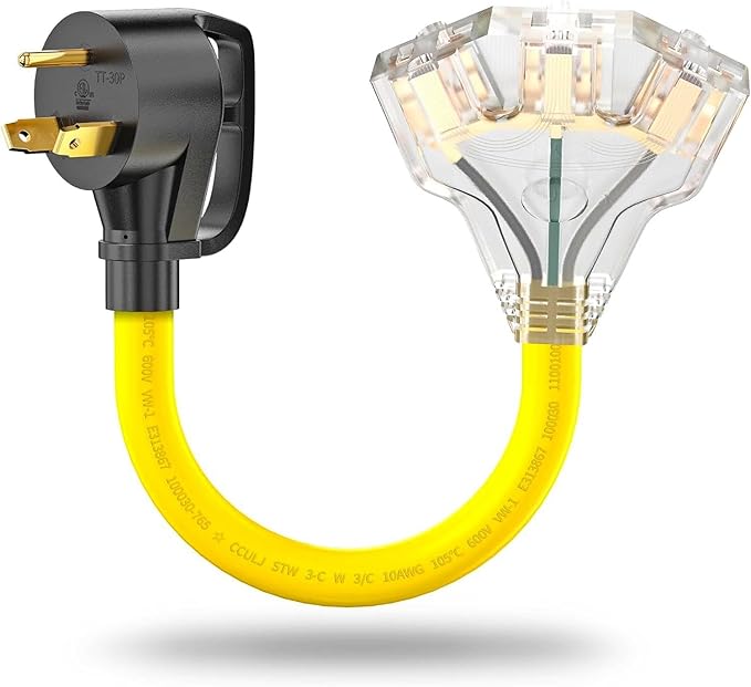 30 Amp to 110 RV Adapter, 30 Amp to 15 Amp Adapter Plug, NEMA TT-30P to 3X 5-15R/5-20R Household Outlets