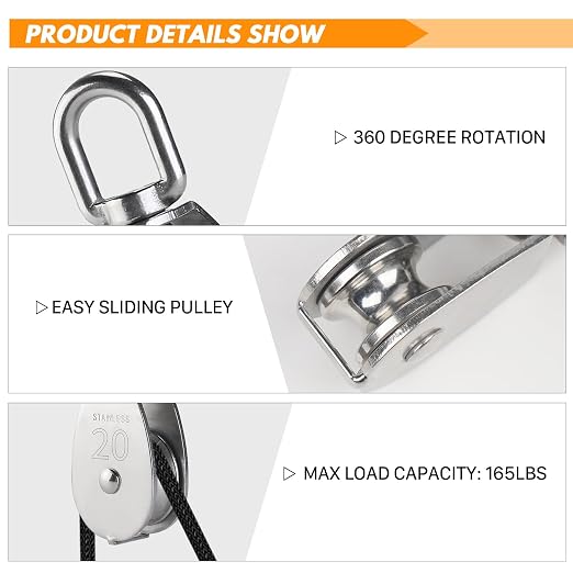 LAIWOO M20 Stainless Steel Pulley System Kit-Heavy-Duty Pulley Wheel, Pulley Block with Nylon Rope, Hooks, Eye Pad Plate, and Rope Cleat - Ideal for Lifting, DIY Projects, and Clothesline (2 Pack)