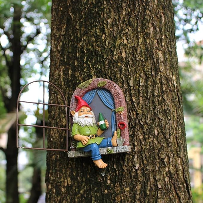 Funny Garden Gnome Accessories Tree Hugger Statue Gnome Dringking Beer by Window, Fairy Garden Decoration, Whimsical Tree Sculpture Peeker, Patio Yard Lawn Porch Decoration,Christmas New Year Gift