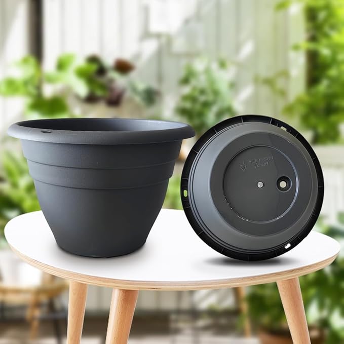 RooTrimmer 5 Pack 10 Inch Plant Pots for Indoor Outdoor,Plastic Floor Planters with Drainage Holes,Lightweight Flower Pots for Home,Patio & Garden(Grey)