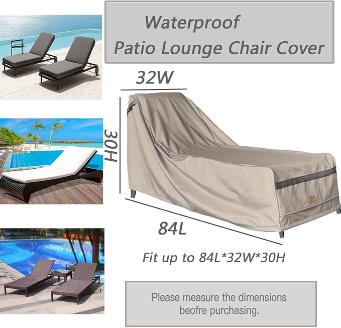 Patio Chaise Lounge Cover Waterproof,Heavy Duty Outdoor Lounge Chair Covers,Beige Durable Patio Furniture Covers,2Pack,84L*32W*30Hinch