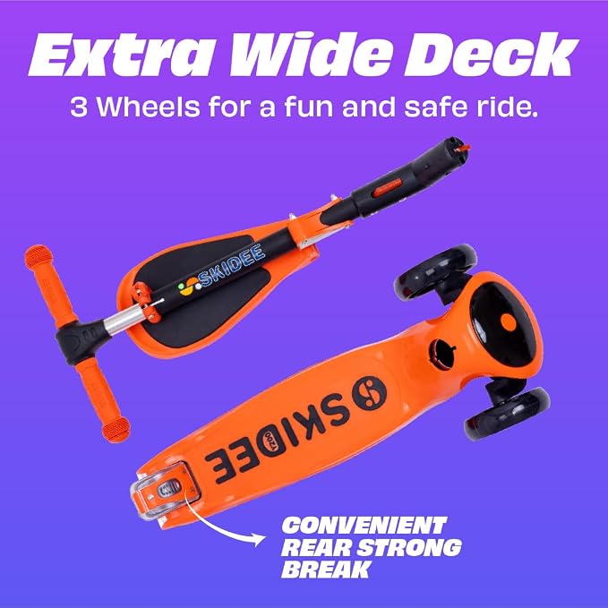 SKIDEE Kick Scooter for Kids Ages 3-5 | Foldable 3 Wheel Scooter with Lean-to-Steer, Adjustable Height, Removable Seat & LED Light Wheels | Toddler Scooter Up to 12 Year Old Boys/Girls