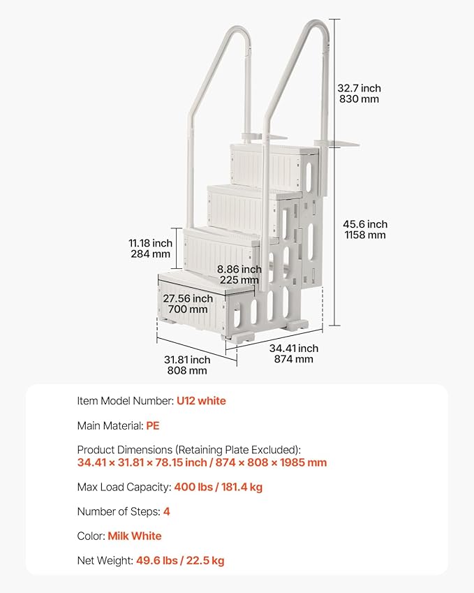 VEVOR Swimming Pool Ladder, 4-Step Double Handrails Stairs with Non-Slip Heavy Duty Steps, Max Load Capacity 400 lbs, for 48-54 in Inground & Above-Ground Pools of Any Decking Surface, Milk White