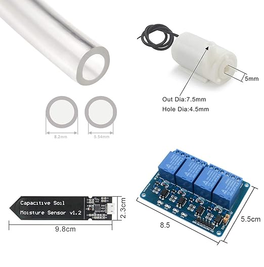 Automatic Irrigation DIY Kit Self Watering System with PDF Tutorial, 4pcs Capacitive Soil Moisture Sensor 4Channel 5V Relay Module and 4pcs Water Pump + 4M Vinyl Tubing for Garden Plant