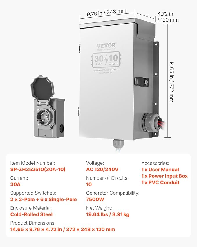 VEVOR Manual Transfer, 30-Amp 10-Circuit, Prewired Generator Transfer Kit with NEMA L14-30P Power Inlet Box, Double-Throw, NEMA 3R, Mechanical Watt Meter, for 7500W Generators