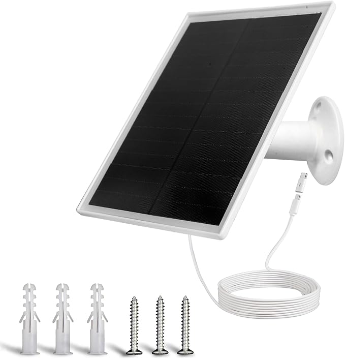 6W Solar Panel Charger, Solar Panel with Micro USB & USB-C Port for DC 5V Outdoor Rechargeable Battery Camera, IP66 Waterproof, 360° Adjustable Security Mount, 1PC