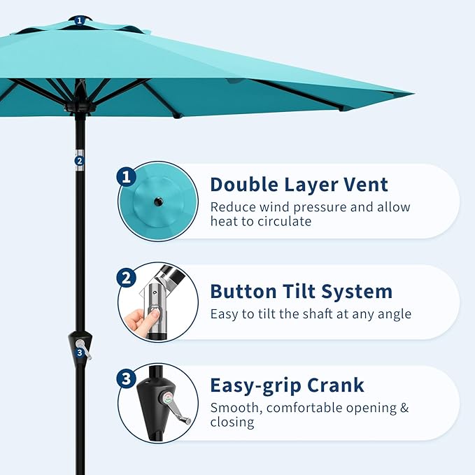 GarveeLife 9FT Umbrella Outdoor Patio, Table Umbrella with Push Button Tilt and Crank, 8 Sturdy Ribs Waterproof UV Protection for Garden, Pool, Deck, Backyard, Market (Sky Blue)