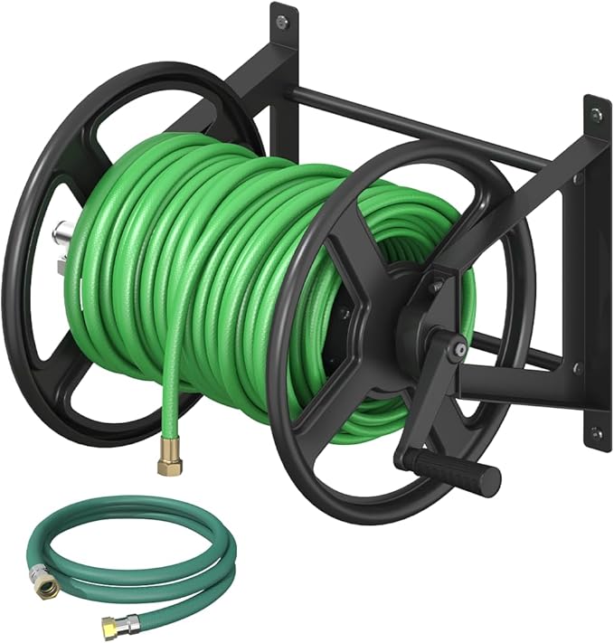 Garden Hose Reel Wall Mounted, Heavy-Duty Water Hose Holder Winder with 3.9 ft Leader Hose & Brass Fitting, Hose Hanger Storage Rack Holds 125-Feet of, 5/8-Inch, for Yard Lawn Farm, Black