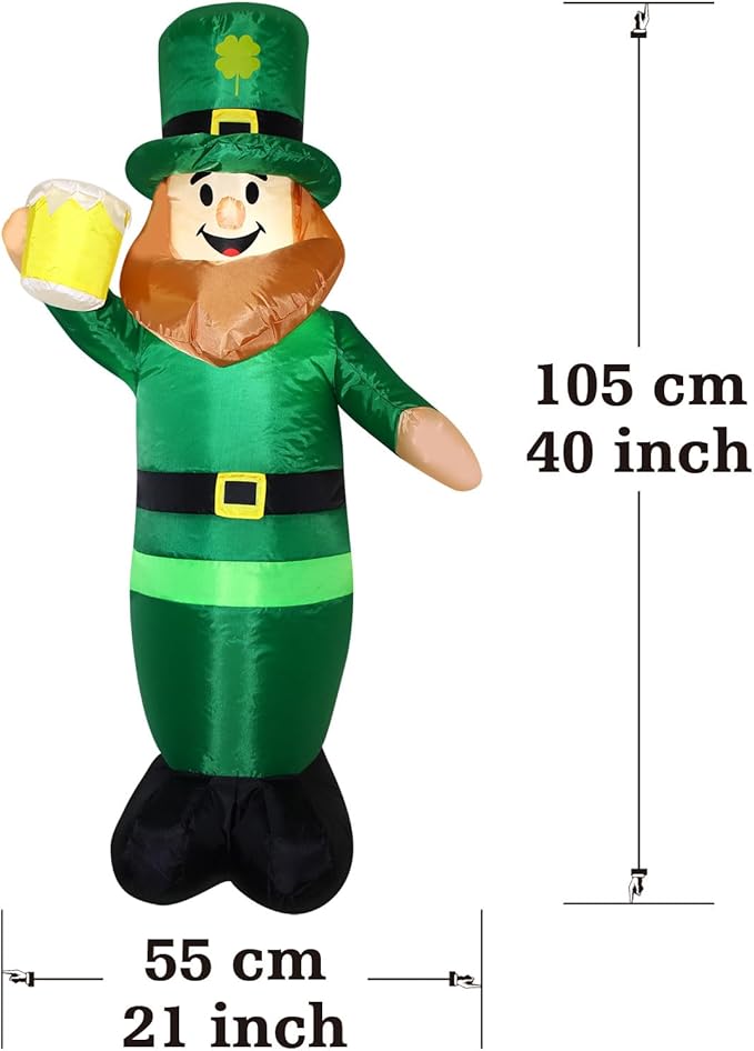 3.25FT St. Patrick's Day Inflatable Leprechaun, Blow up Leprechaun Holds Beer Cup Outdoor Decoration with LED Lights, Perfect for Yard Garden Lawn Front Door Holiday Decor (3.25FT Leprechaun)