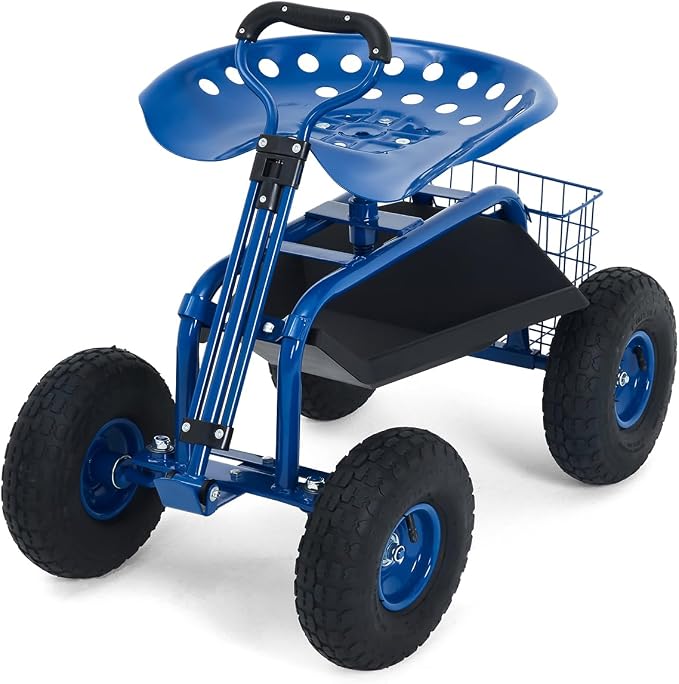 Garvee Heavy Duty Garden Seat, Garden Scooter Rolling Work Seat, 360° Swivel with 10-Inch All-Terrain Inflatable Tires, Extendable Steering Handle & Metal Tool Tray for Planting, Weeding, Yard Work