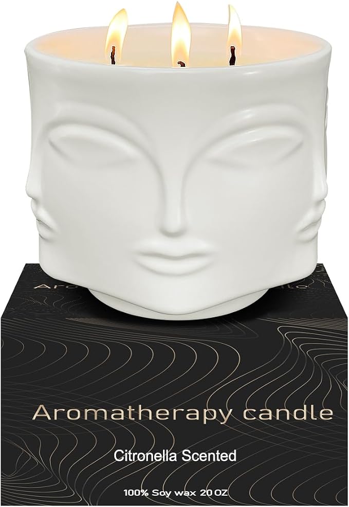 Outdoor Decorative White Large Citronella Candle, 20oz, Ceramic, 3 Wick Scented Candles, 100% Soy, for Patio Decor, Outside Table Decor, Camping Accessories