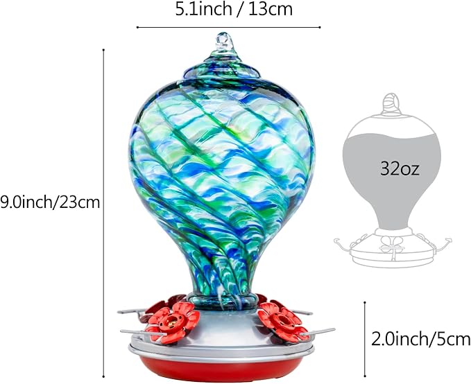 Muse Garden Hummingbird Feeder Hand Blown Glass Decor for Backyard, Gift for Hummingbird Lovers, Unique Gardening Gift (Blue Mermaid) 32OZ | Muse Garden Hummingbird Feeder Hand Blown Glass Decor for Backyard, Gift for Hummingbird Lovers,