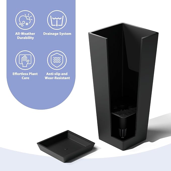 24in Tall Planters Set of 2 with Saucers, Black Classic | Built-in drainage system, Durable composite plastic, Fade-resistant design, Weather Resistant, Patio & porch decor