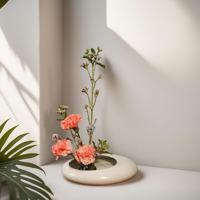 Ikebana Bowl Kit - Ikebana Vase (Japanese Flower Bowl Vase) with 1.8'' Floral Frog, Ikebana Set for Japanese Flower Arrangement (White, 1.8'' Floral Frog Included)