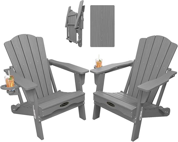 THOEOE Folding Adirondack Chair Set of 2,HDPE All-Weather Outdoor Chair with Cup Holder,Wooden Textured,Fire Pit Chair,Plastic Patio Chair for Deck,Backyard,Garden,Lawn, Grey