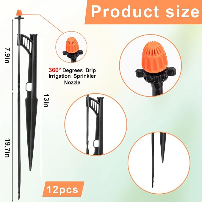 12 Sets 360°Drip Micro Spray Emitters with Sprinkler Stake, Drip Sprinkler Heads with Adjustable Riser 1/4" Irrigation Tubing and Barbed Coupler,Micro Sprinkler Assembly for Garden Irrigation System