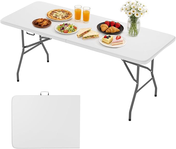 BestOffice 6 FT Picnic Table, Portable Plastic Folding Table with Carrying Handle Perfect for Picnics, Parties, Party and Camping, White