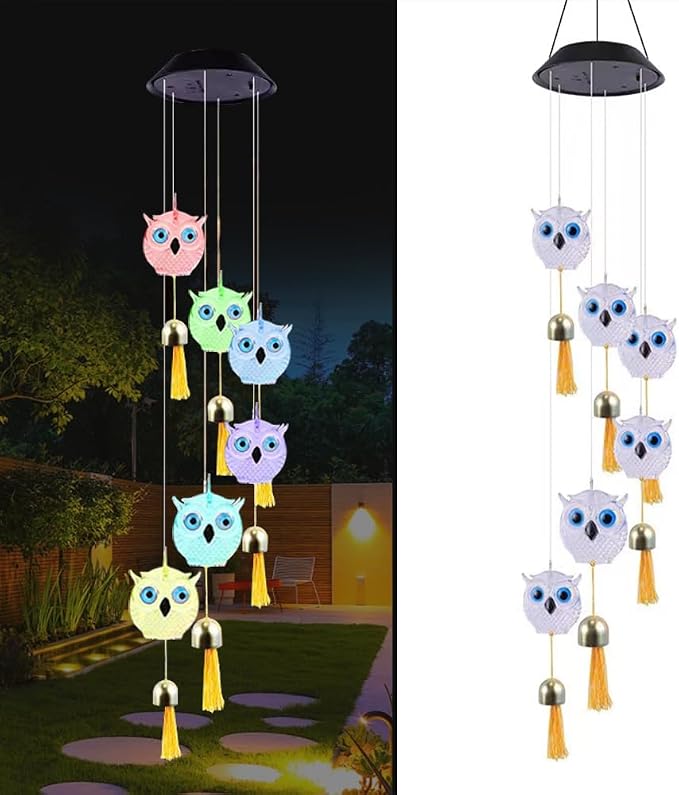 Cute Solar Owl Wind Chime Decorative Light，Animal Wind Chimes with Bells， A Gift for Friends with Movable LED Colorful Outdoor Decorative Lights.