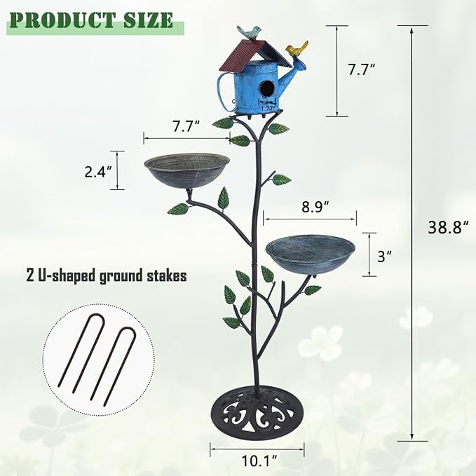 39" H Metal Birdhouse Outdoor, Birdhouse Pole – Integrates Bird Feeder and Bird Bath, 3-in-1 Multi-Functional for Yard Decorations Outdoor, Cast Iron Base