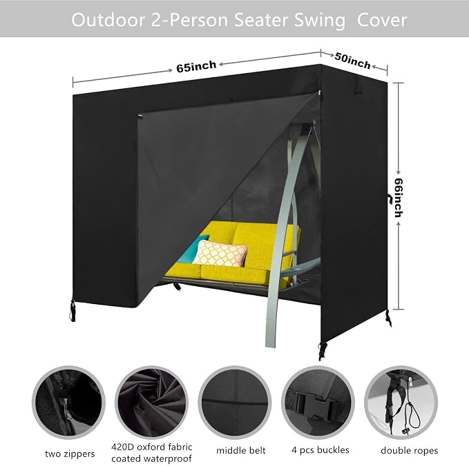 2 Seater Patio Swing Cover Outdoor Swing Chair Cover Hammock Glider Cover Durable Waterproof Dustproof Windproof All Weather Protector(65 * 50 * 66inch) Black
