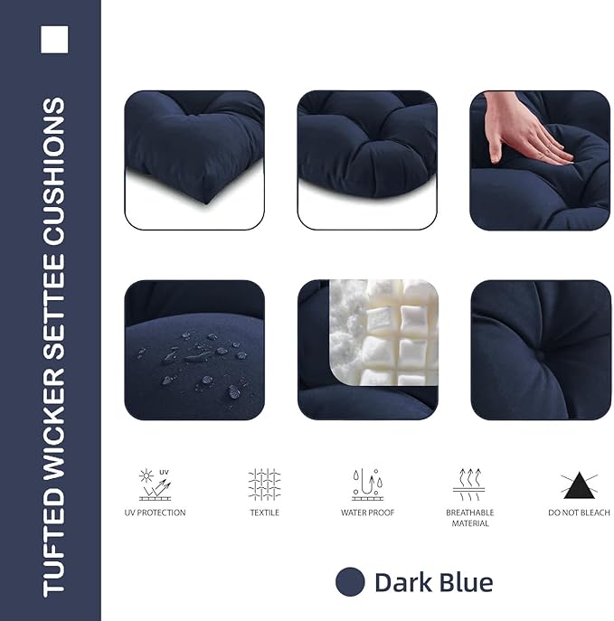 Outdoor Chair Cushions Set of 2, 19x19x4 Inch Seat Pads with Ties for Patio Wicker Chairs Garden Dining Chair, Indoor Outside Use, Fade-Resistant & Waterproof, Dark Blue