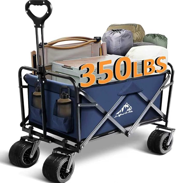 Foldable Wagon Cart, Collapsible Wagon Cart, 300lbs Folding Utility Wagon with All-Terrain Wheels, Collapsible Wagon for Gardening, Camping, Beach, Outdoor Use, Blue