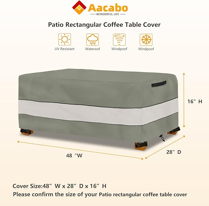 Waterproof Outdoor Coffee Table Cover,Rectangular Patio Small Side Table Cover,Outdoor Table Covers Rectangle Waterproof,48 x 28 x 16 inch -Grey Green