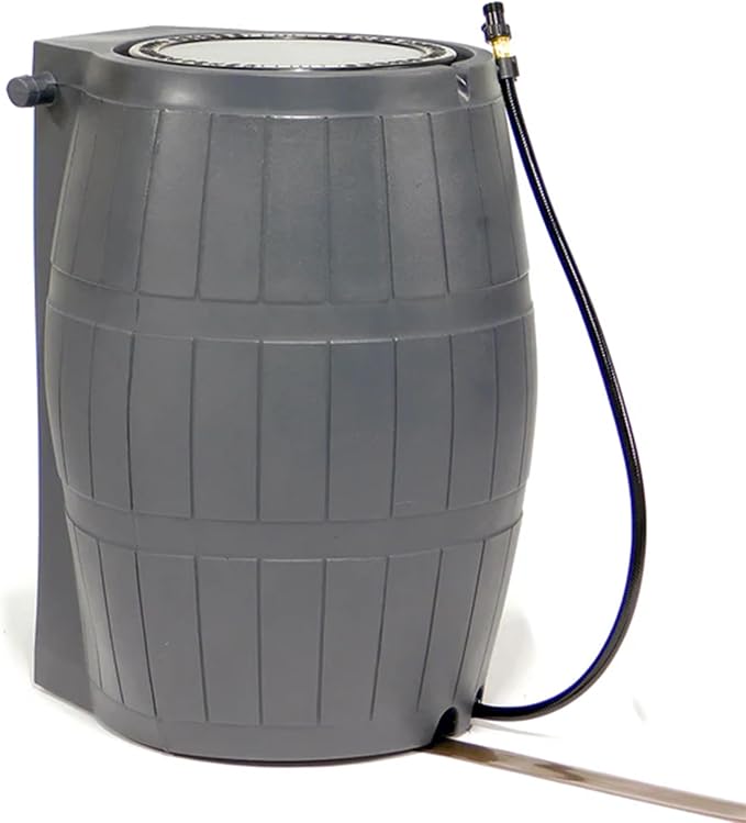 FCMP Outdoor Raincatcher 4000, Flat-Back Rain Water Barrel, 50-Gallon, Gray - Rainwater Collection Storage Container w/Side Spigots, Mesh Screen, Garden and Overflow Hose & Linking Kit