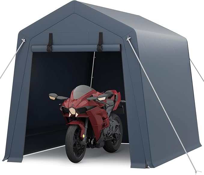 6x6 FT Portable Outdoor Storage Shed with Roll-Up Zipper Door & Vent, 240G Heavy-Duty Shelter Waterproof PE Tarp, UV-Resistant Carport for Motorcycle, Firewood, Tools -Gray