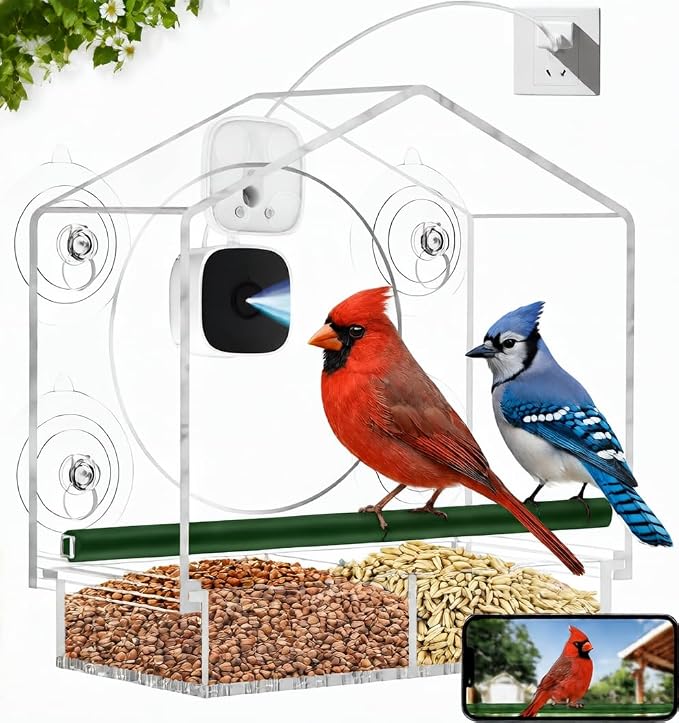 Window Bird Feeder with Camera, Smart Clear Birdfeeder for Outside, 2K HD Live View & AI Bird 10000+, Window Bird House Feeder with 6 Suction Cups