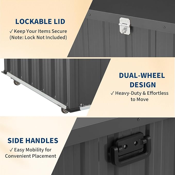 Outdoor Metal Storage Box 160 Gallon for Patio, Large Metal Deck Box Waterproof with Dual Gas Struts, Rolling Wheels and Handles, Steel Deck Box for Cushions, Tools, Pool Floats, Porch and Backyard