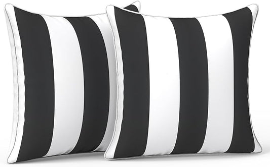 LVTXIII Set of 2 Patio Throw Pillows Waterproof 16"x16" Fade Resistant Outdoor Throw Pillows with Inserts, Fluffy Decorative Garden Toss Pillow Cushions for Home Patio Coach Sofa Use, Cabana Black