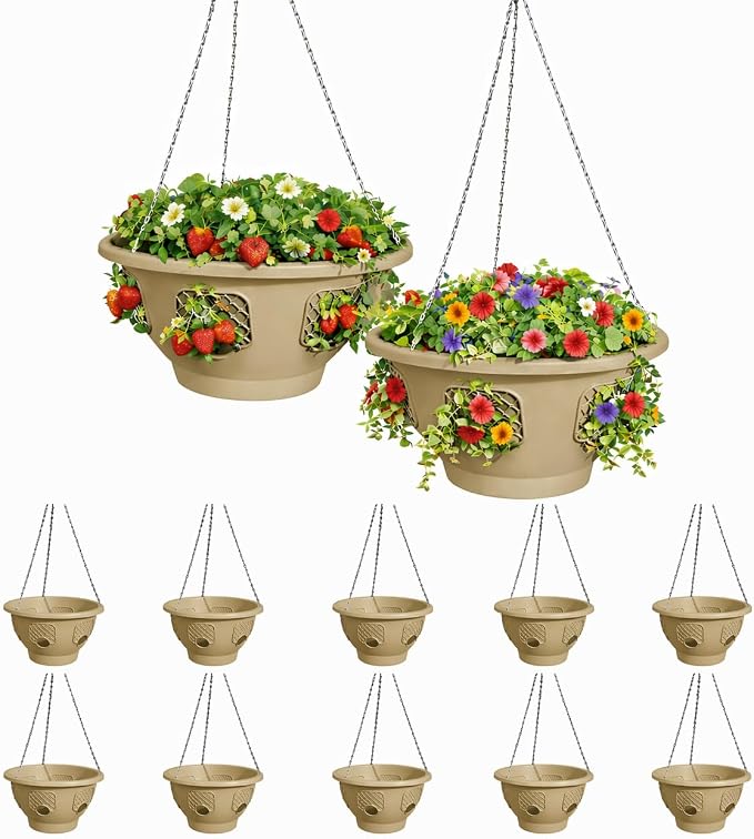 Ultimate Hanging Baskets - Strawberry, Tomato, Flower, and Herb Outdoor Planters - Use Garden Pots for Growing Plants Outside On A Deck, Fence, or Balcony (10, Desert Sand)