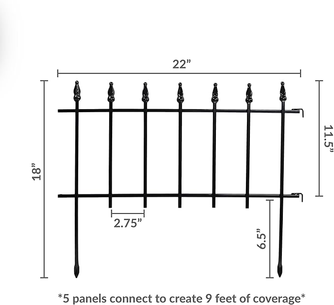Sunnydaze Decorative Garden Fence Border - 22 in W x 18 in H No Dig Metal Edging for Flower Beds, Yard, Lawn, Pathways and Landscaping - Roman Finial Design - 9ft - 5 Panels - Black