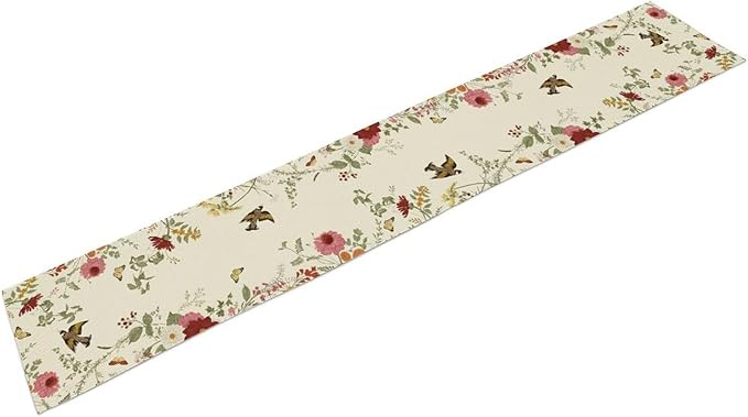 Floral Birds Table Runner, Rustic Seasonal Watercolor Spring Flower Plants Wildfloral Boho Coffee Table Center Decor for Family Kitchen and Dining Farmhouse Party Table Decorations, 13"x36"