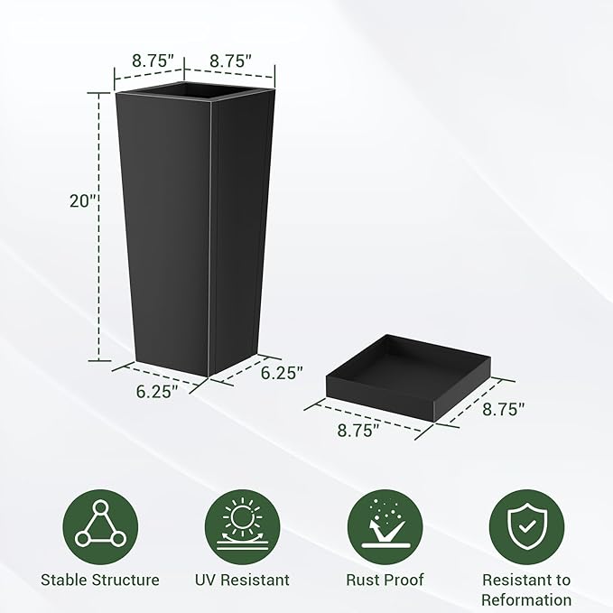 Metal Tall Outdoor Planters Set of 2, 20 inch Durable Tall Planters with Rust-Proof Coating & Drainage Insert Shelve & Trays, Black Outdoor Planters for Porch, Garden, Patio, Yard