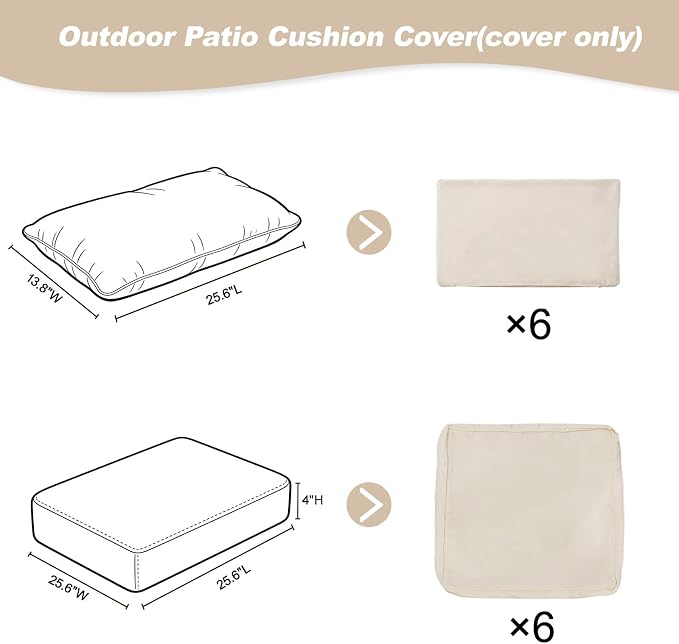 12 Pcs Patio Cushion Covers, Outdoor Rattan Sectional Sofa Cushion Covers, Replacement Washable & Reusable Furniture Protector for Patio Couch(12Pcs-Beige, 25.6 * 25.6 * 4-inch)