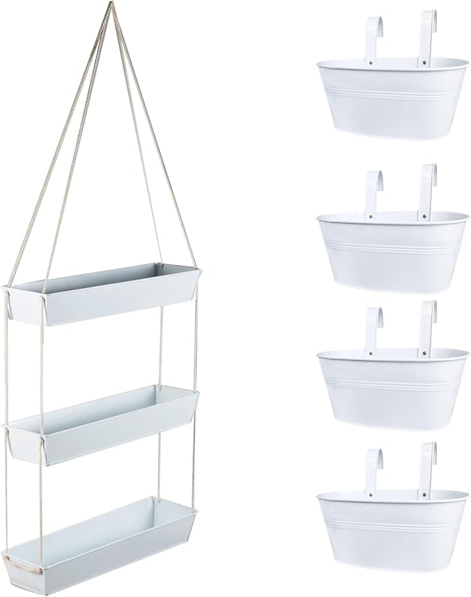 LaLaGreen Bundle - 3 Tier, 16 Inch Wall Hanging Planter + 4 Pack, 11.2 Inch White Rounded Rectangle Metal Iron Hanging Flower Pots for Railing Fence Window Deck Plant Holder with Hook Garden Decor