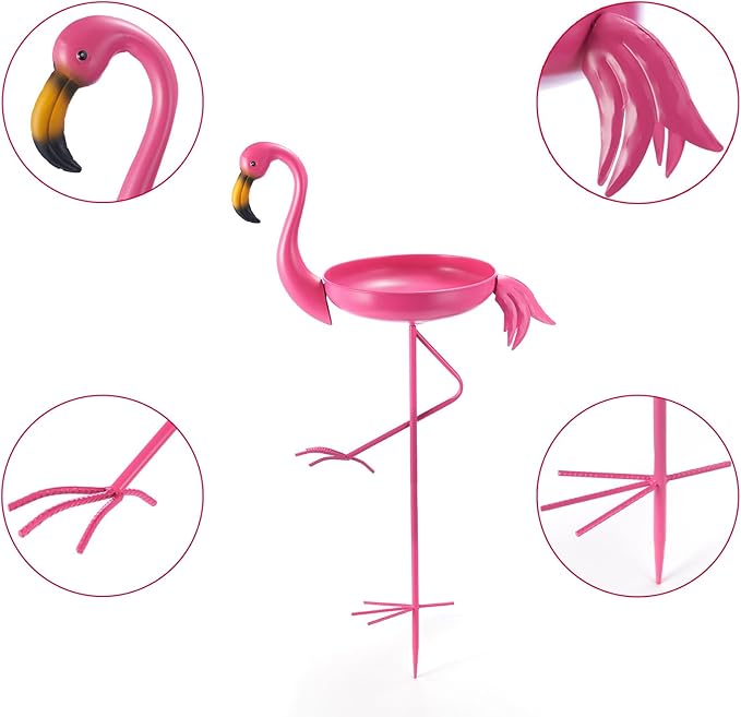 41 in Tall Flamingo Outdoor Bird Bath, Metal Bird Bath Bowl, Bird Feeder or Drinker Plate with Metal Stake, Home Garden Lawn Yard Decorations (Pink)
