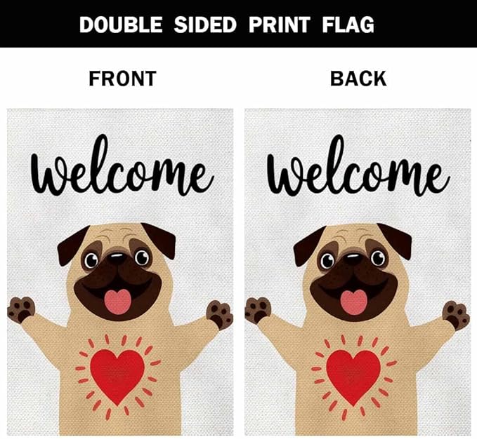 AOYEGO Funny Dog Welcome House Flags 28 x 40 Double Sided Burlap Greeting Cute Dog Sweet Pug Hug Yard Flags Spring Summer Farmhouse Seasonal Outdoor Flag