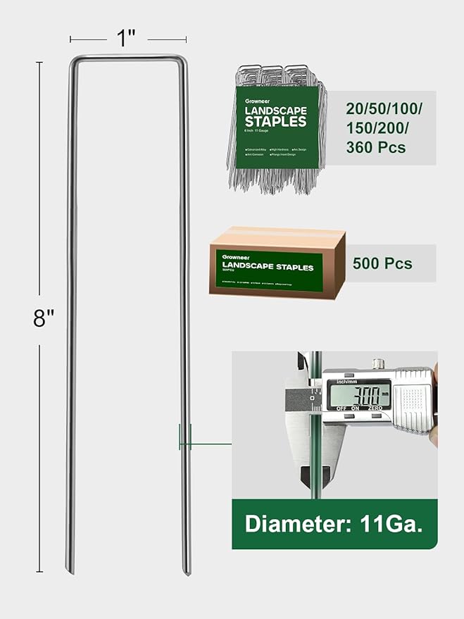 GROWNEER 50 Pack Landscape Staples 8 Inch 11 Gauge Heavy Duty Hot-Dip Galvanized Steel Garden Stakes U-Shaped Weed Barrier Spikes Metal Ground Pins for Lawn and Yard Landscaping