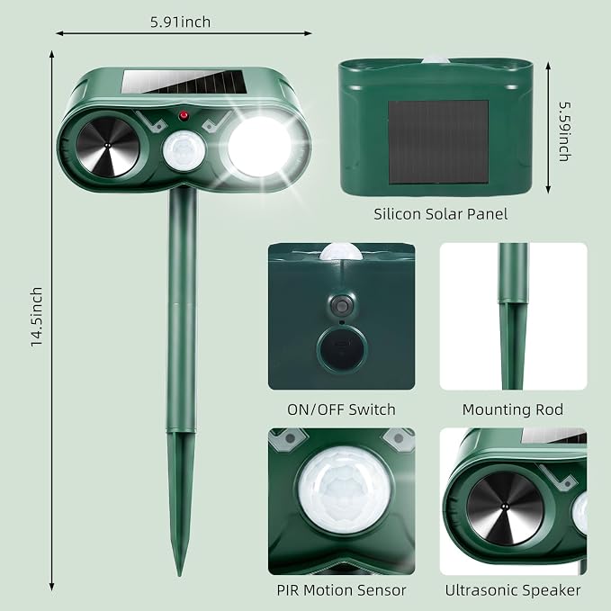 4 Pack Sonic Fortress Pro Deer Repellent -Solar Animal Repeller for Garden USB Cat Repeller Outdoor with Light to Scare Fox Skunk Rabbit Deterrent for Yard