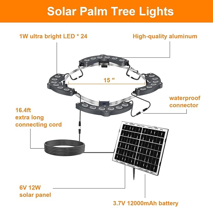 Solar Palm Tree Lights Outdoor Warm Light 3000K, Solar Spotlights for Plam Trees 12000 mAh Batteries Solar Powered LED Ring Tree Lights up to 12+ Hours for Outside House Garden Landscape Large Trees