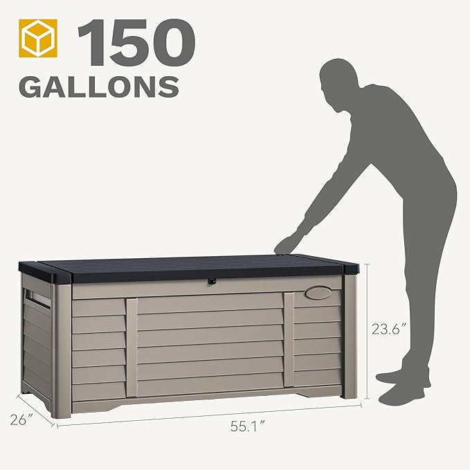 DWVO 150 Gallon Outdoor Storage Box, Large Resin Deck Box with Louver Design, Lockable Patio Storage Bin for Indoor and Outdoor Use, Pillows, Tools, and Pool Supplies -Black & Brown